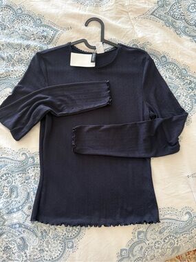 Divided Navy Ribbed Long-Sleeve Lettuce-Edge Top